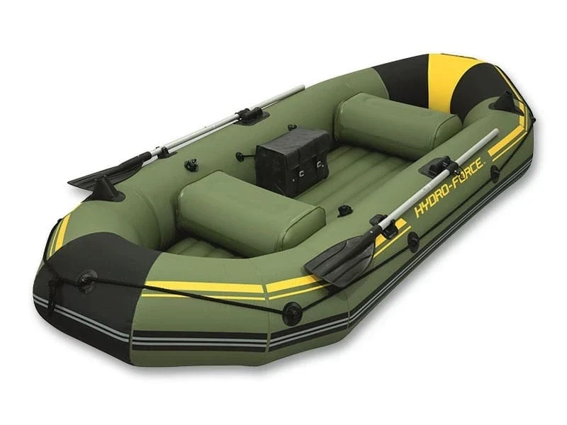 Зелена надуваема лодка Hydro-Force MARINE PRO, снимана отгоре: две седалки, черна чанта и гребла