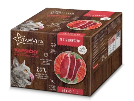 Plicuri StarVita pentru pisici adulte: fileuri de vită în sos, 24 × 85 g
