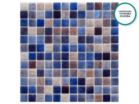 Agia Galini – blue glass-ceramic mosaic with dark blue chips 25×25 mm