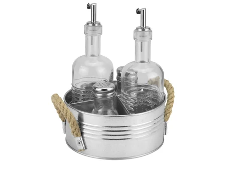 Set de 5 recipiente pentru condimente cu suport galvanizat Argento Antico