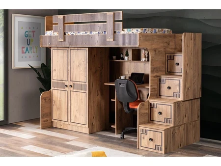 Hochbett Naturelle mit Treppe, Kleiderschrank und Schreibtisch