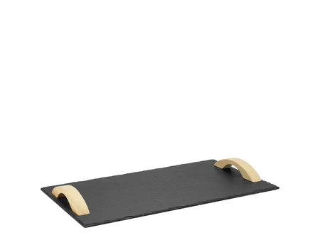 Platou dreptunghiular din ardezie cu mânere din lemn pentru servire, 43x25 cm