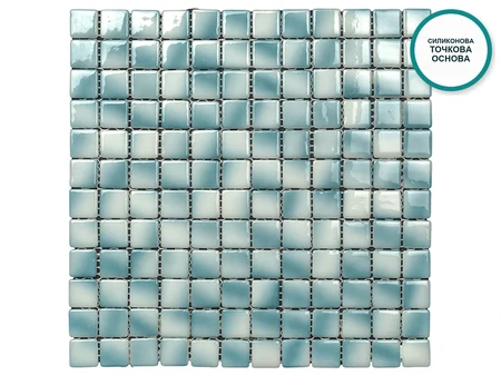 Cala Macarella – сиво-тиркизен стаклокерамички мозаик 25×25 мм