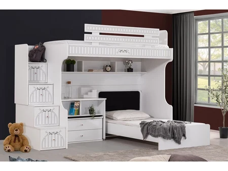 Etagenbett Kensington mit Schreibtisch, Sitzbank und Treppe mit Schubladen
