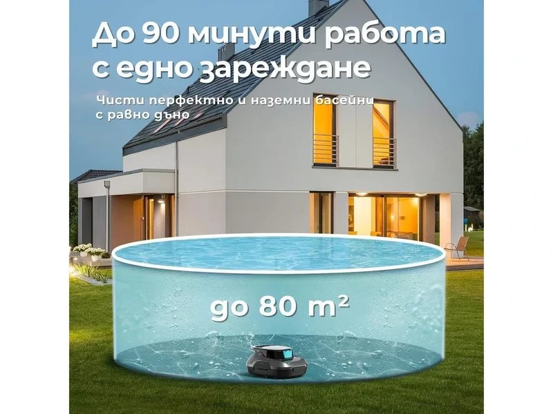 Графика за батерията на Aiper Scuba SE: до 90 минути работа за басейн до 80 кв. м