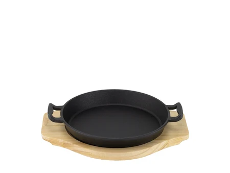 Cast Iron Serving Pan with Handles on a Wooden Base Ø26 cm