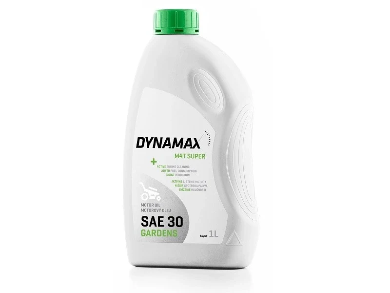 Бяла бутилка с моторно масло Dynamax M4T Super SAE 30 за градинска техника, 1 литър