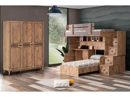 Etagenbett Naturelle mit Schreibtisch und 3-türigem Kleiderschrank