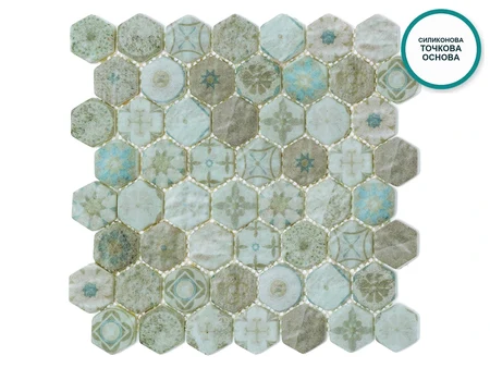 Celadon – Sechseckmosaik in Graugrün mit kleinen Ornamenten