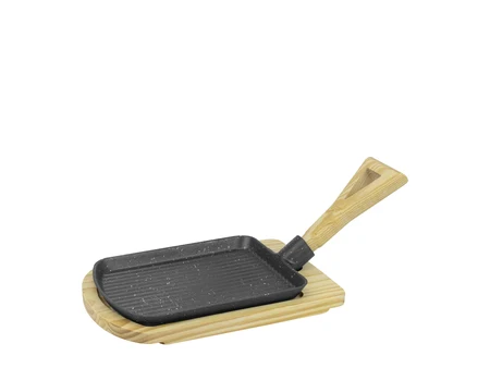 Cast iron grill pan on a wooden base 23x17.7 cm