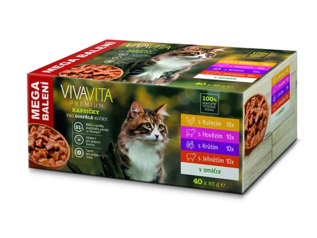 Кесички VivaVita за возрасни мачки во сос, мегапак со 4 вкуса, 40 × 85 г