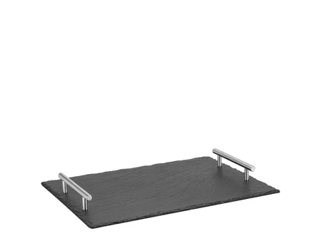 Platou dreptunghiular din ardezie pentru servire cu mânere din oțel inoxidabil 35×25 cm
