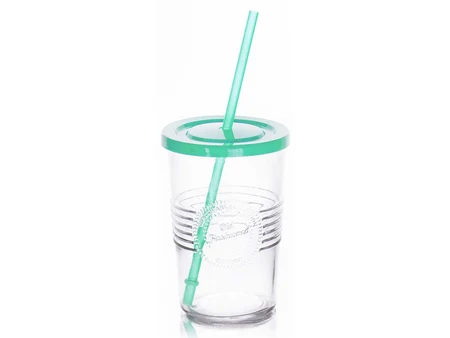 Glasbecher 590 ml mit grünem Kunststoffdeckel und Strohhalm
