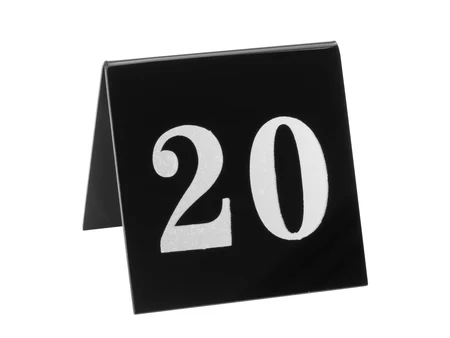 Акрилна табелка за маса с номер 20, черна, 7x7 см