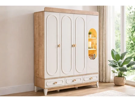 Velluto Wardrobe with 4 Doors, 3 Drawers and LED – Walnut/Cream