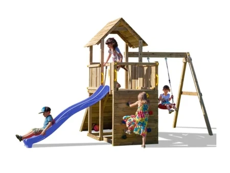 Loc de joacă din lemn PLAY BASIC 003 cu tobogan albastru și leagăn