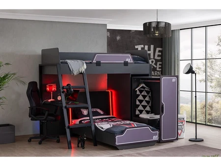 Pixel Bunk Bed with LED Lighting, Desk and Wardrobe