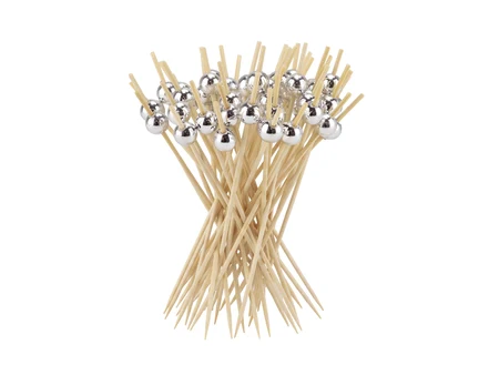 Bambus-Spieße für Häppchen mit silberner Kugel, 12 cm, 50 Stück
