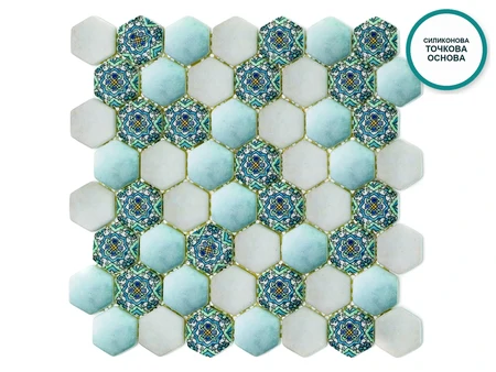 Acquamarina – turquoise hexagonal mosaic with a green pattern