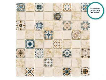 Мозайка Orvieto с десен на бежов камък и тъмни орнаменти, чипове 40 × 40 мм