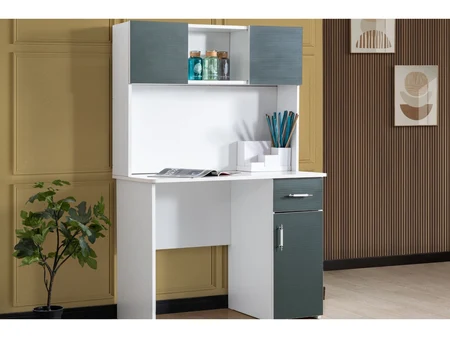 Bosfora Desk with Hutch, Cabinet and Drawer – White with Dark
