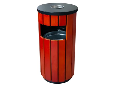 Round Bin with Ashtray, Red Wood and Black Lid, Ø38×76 cm